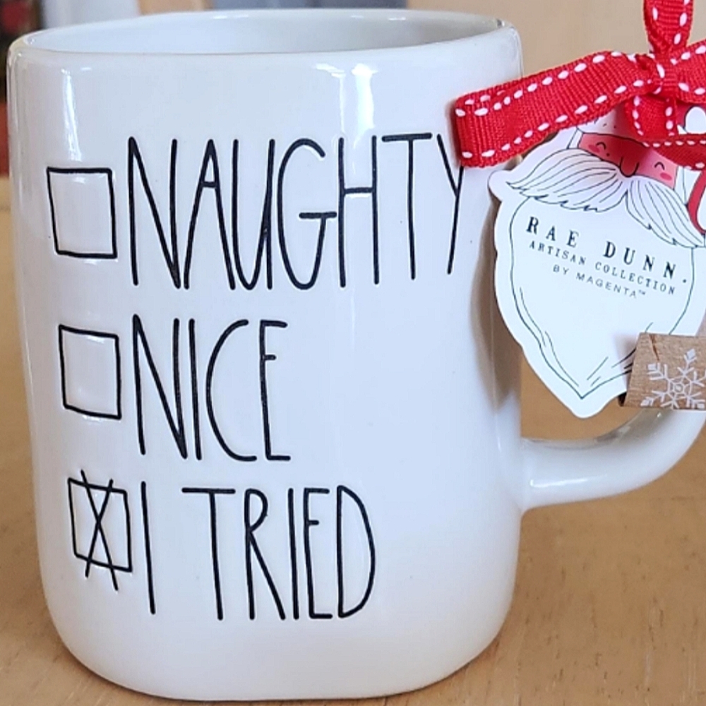 Rea Dunn White Ceramic Christmas Mug Naughty, Nice, I Tried
